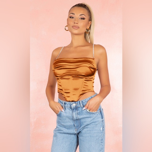 RUST ORANGE SATIN SLEEVELESS RHINESTONE SPAGHETTI STRAP DRAPE CROP TOP BLOUSE - Picture 6 of 7